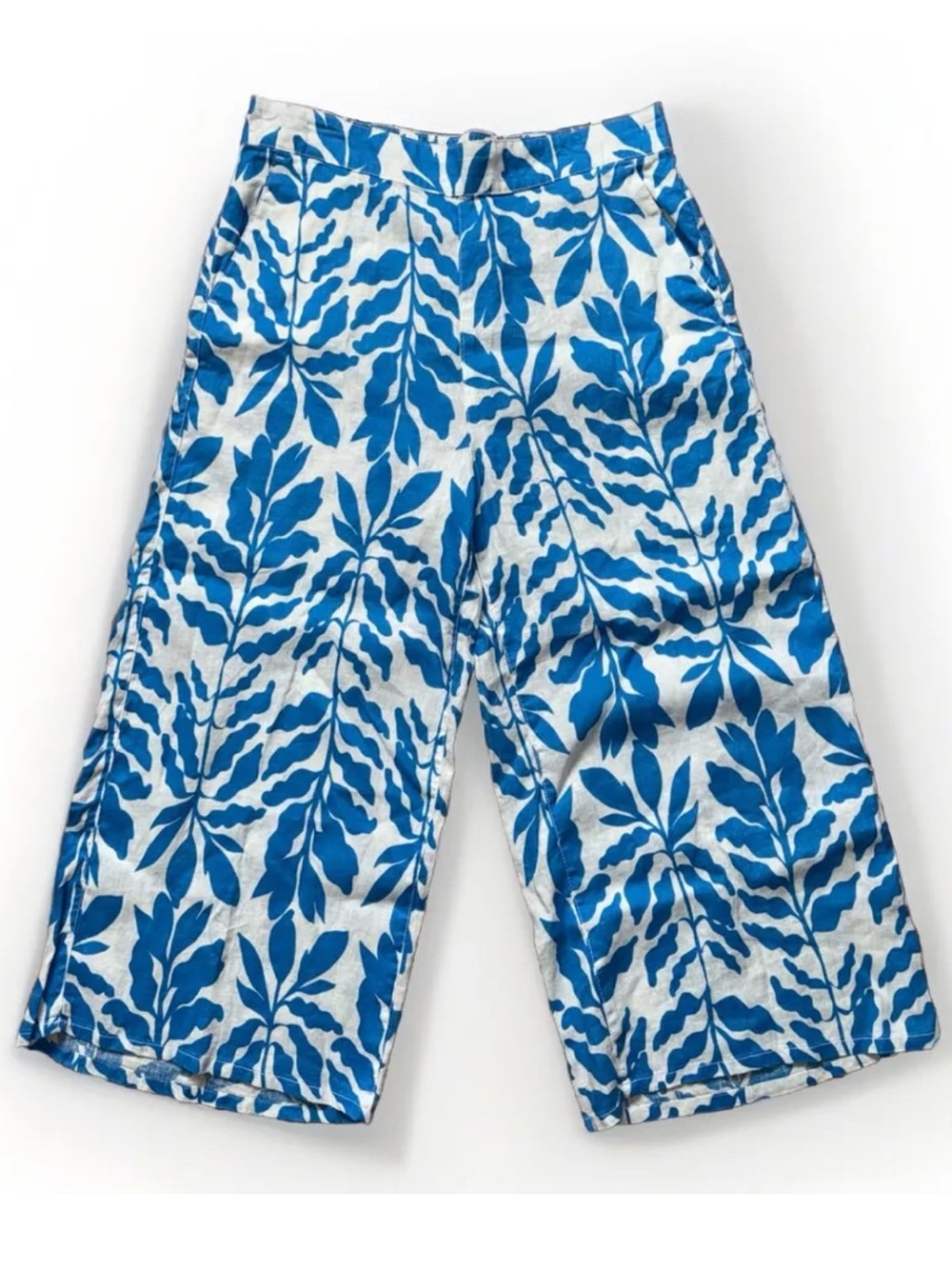Rachel Zoe Womens Size XL Wide Sky Blue Leaf White 100% Linen Pull On New Pants